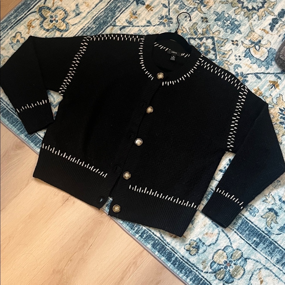 NWOT- Aqua Black Sweater with White Stitching